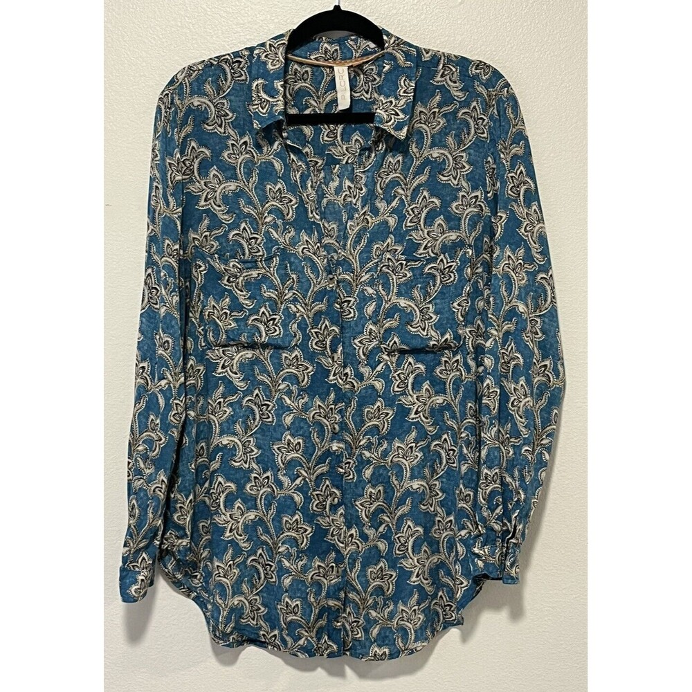 Pilcro Leilani Teal Blue Button Down Shirt Women’s Medium Damask Print Boho